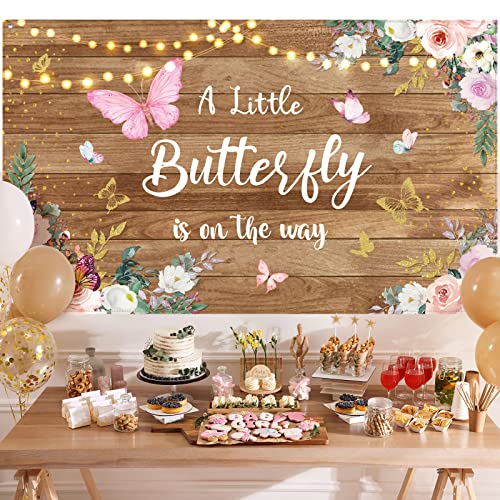 Butterfly Backdrop A Little Butterfly is On The Way Baby Shower Banner Butterfly Rustic Wood Purple and Pink Floral Photography Background for Girls Birthday Baby Shower Party Decoration Supplies