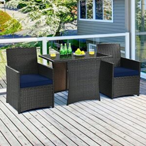 NICEDAYFY 3PCS Patio Rattan Furniture Set Cushion Sofa Armrest Garden Deck Navy Mixed Brown