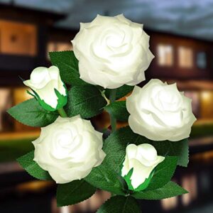 ywywled solar flower lights outdoor – upgraded new material two modes realistic led solar powered waterproof lights with 5 roses, solar decorative stake lights for garden (white, 1 pack)