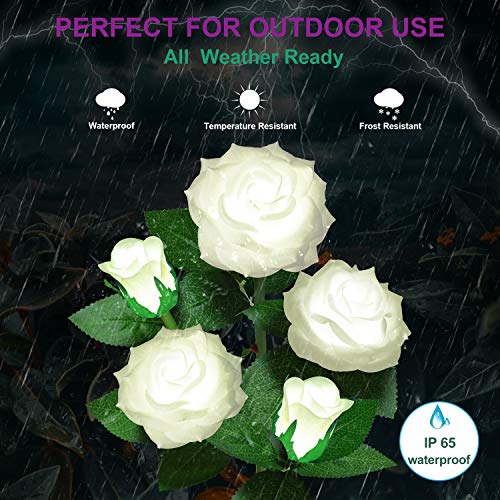 YWYWLED Solar Flower Lights Outdoor - Upgraded New Material Two Modes Realistic LED Solar Powered Waterproof Lights with 5 Roses, Solar Decorative Stake Lights for Garden (White, 1 Pack)