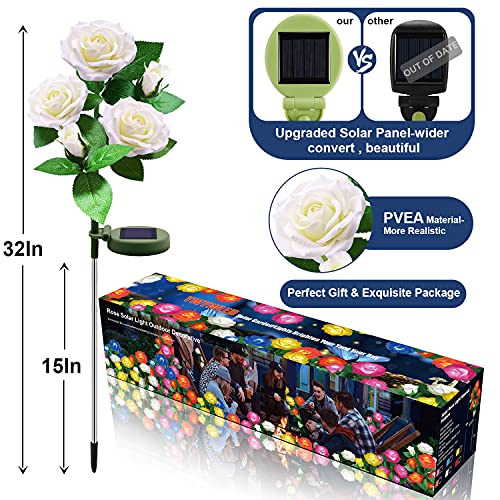 YWYWLED Solar Flower Lights Outdoor - Upgraded New Material Two Modes Realistic LED Solar Powered Waterproof Lights with 5 Roses, Solar Decorative Stake Lights for Garden (White, 1 Pack)