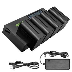 neewer 4-pack 7.4v 6600mah np-f970 replacement batteries with 4-channel battery charger & power adapter, compatible with np-f550/750/770/970 fm500h qm71d qm91d, field monitor, video light