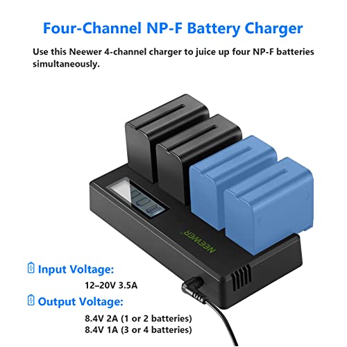 Neewer 4-Pack 7.4V 6600mAh NP-F970 Replacement Batteries with 4-Channel Battery Charger & Power Adapter, Compatible with NP-F550/750/770/970 FM500H QM71D QM91D, Field Monitor, Video Light