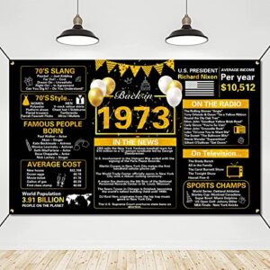 crenics black gold 50th birthday decorations, vintage back in 1973 birthday backdrop banner, large 50 years old birthday anniversary poster photo background party supplies for women men, 5.9 x 3.6 ft