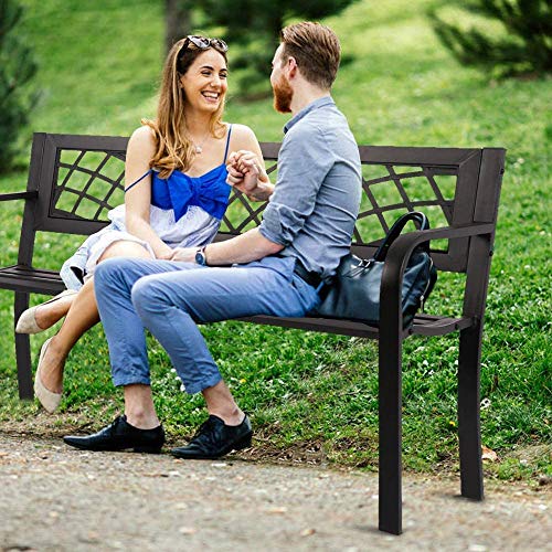 Garden Bench Patio Bench Metal Bench, Outdoor Porch Bench with Armrests Black Park Bench Cast Iron Sturdy Steel Frame Furniture Chair for Park Yard Front Porch Path Lawn Work Entryway, 400lbs