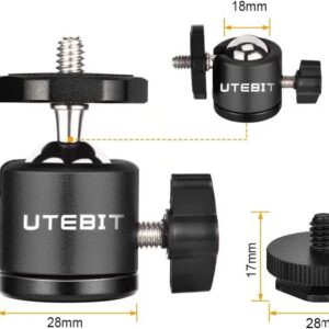 UTEBIT 2 Pack Mini Ball Head with 1/4" Hot Shoe Mount Adapter Max Load 5.5lb 360° Swivel Tripod Ball Head for DSLR Camera Camcorder, Light Bracket