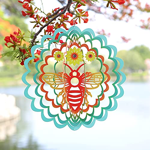 HDNICEZM Kinetic 3D Metal Bee Wind Spinner Hanging Ornament Worth Gift for Home and Garden - 12inch Bee Mandala Kinetic Hanging Whirligigs Sun Catcher Windmills