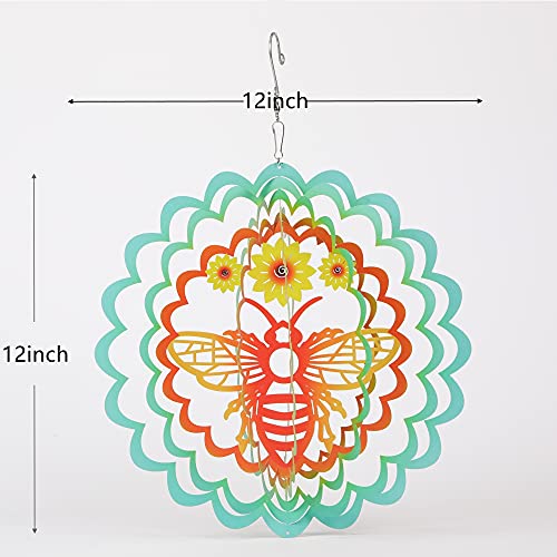 HDNICEZM Kinetic 3D Metal Bee Wind Spinner Hanging Ornament Worth Gift for Home and Garden - 12inch Bee Mandala Kinetic Hanging Whirligigs Sun Catcher Windmills