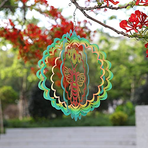 HDNICEZM Kinetic 3D Metal Bee Wind Spinner Hanging Ornament Worth Gift for Home and Garden - 12inch Bee Mandala Kinetic Hanging Whirligigs Sun Catcher Windmills