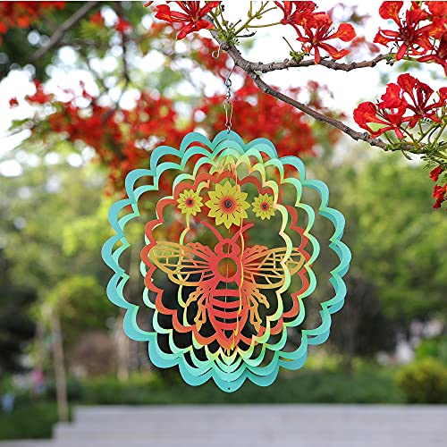 HDNICEZM Kinetic 3D Metal Bee Wind Spinner Hanging Ornament Worth Gift for Home and Garden - 12inch Bee Mandala Kinetic Hanging Whirligigs Sun Catcher Windmills