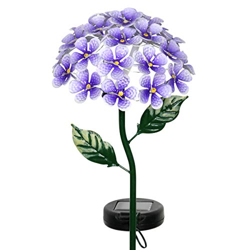 Exhart Garden Solar Lights, Decorative Hydrangea Flower Garden Stake, 26 LEDs, Cute Metal Outdoor Decoration, Purple, 7 x 21.5 Inch