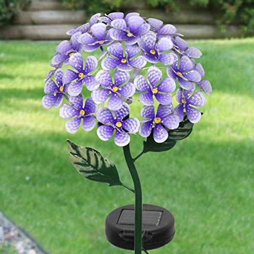 Exhart Garden Solar Lights, Decorative Hydrangea Flower Garden Stake, 26 LEDs, Cute Metal Outdoor Decoration, Purple, 7 x 21.5 Inch