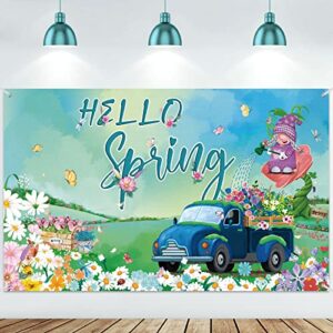 hello spring decorations spring easter photography banner gnome blue truck daisy backdrop butterfly flowers background for holiday photo prop booth indoor outdoor, 43.3” x 72.8”