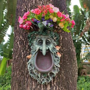 big mouth old man tree face sculpture, flower planter pot hand-painted greenman tree peeker bird feeder garden decor and yard art. –10” h