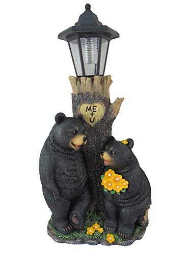 DWK - Bear's First Date - Adorable Black Bear Couple Flirting by Tree Trunk Outdoor Solar Powered Lantern Romantic Valentine's Day Home & Garden Decor Lighting Accent, 19-inch