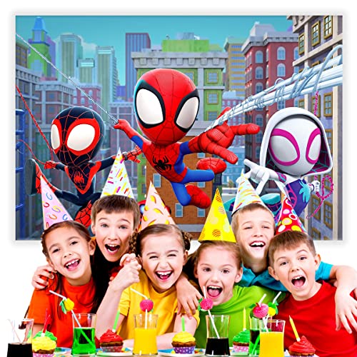 7x5 FT Spiderman & His Amazing Friends Background Cloth,Cartoon for Spiderman Theme Boy Kids Birthday Party Photo Backdrop Decoration, Multicolor