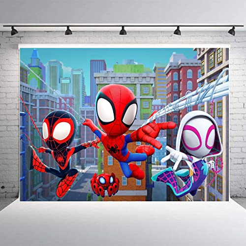 7x5 FT Spiderman & His Amazing Friends Background Cloth,Cartoon for Spiderman Theme Boy Kids Birthday Party Photo Backdrop Decoration, Multicolor