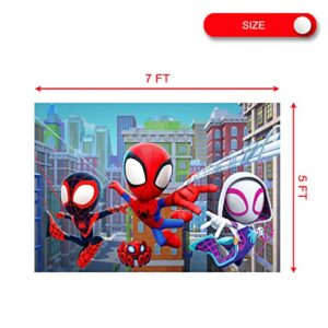 7x5 FT Spiderman & His Amazing Friends Background Cloth,Cartoon for Spiderman Theme Boy Kids Birthday Party Photo Backdrop Decoration, Multicolor