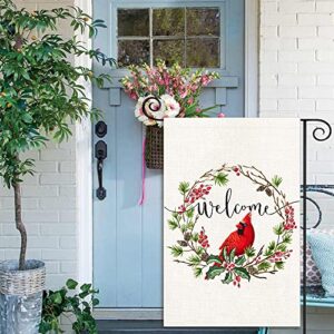 BEZKS Wreath Cardinal Memorial Day Garden Flag,Best Choice Welcome Spring Holiday Flags,Small Double Sided 12.5 x 18 Inch for Outdoor Yard farmhouse Decorations(FC05)