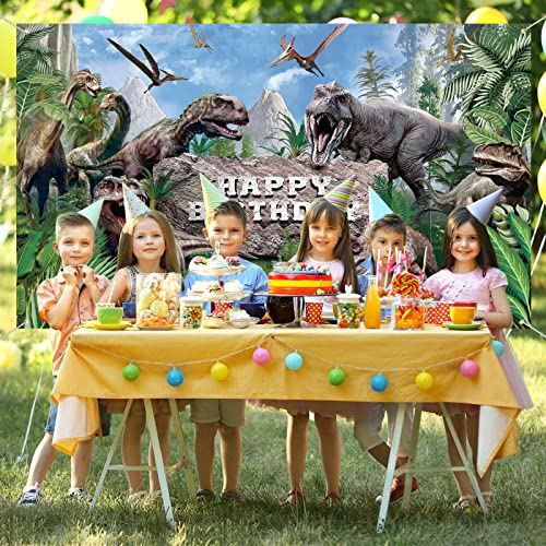 Dinosaur Theme Backdrop Banner Polyester Dinosaur Happy Birthday Photo Background Tropical Jungle Birthday Party Backdrop Decor for Kid Dinosaur Theme Birthday Party Photo Prop Decor, 72.8 x 43.3 Inch