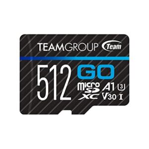 teamgroup go card 512gb micro sdxc uhs-i u3 v30 4k for gopro & drone & action cameras high speed flash memory card with adapter for outdoor, sports, 4k shooting, nintendo-switch tgusdx512gu303