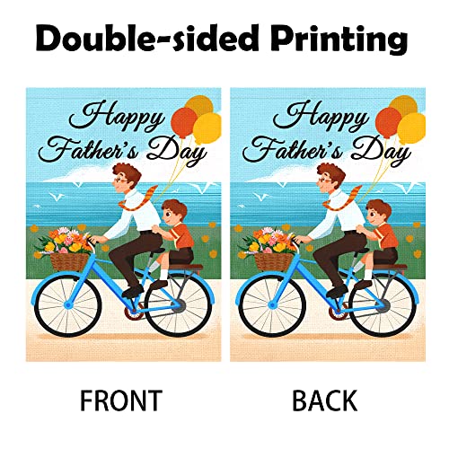 WODISON Happy Father's Day Garden Flag, Father Son Floral Bicycle Balloon 12 x 18 Inch Vertical Double Sided Burlap Welcome Flag, Outdoor Decoration For Yard Home Father's Day Gift ​(ONLY FLAG)