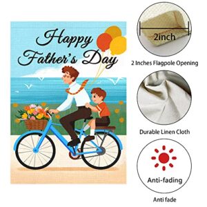 WODISON Happy Father's Day Garden Flag, Father Son Floral Bicycle Balloon 12 x 18 Inch Vertical Double Sided Burlap Welcome Flag, Outdoor Decoration For Yard Home Father's Day Gift ​(ONLY FLAG)