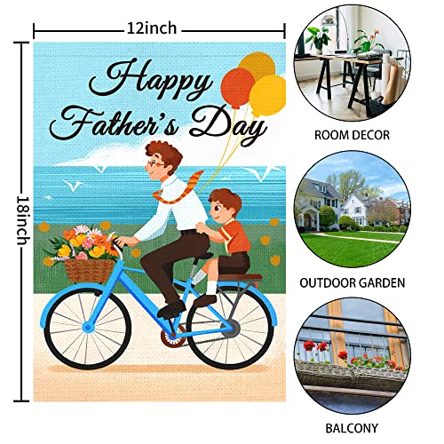 WODISON Happy Father's Day Garden Flag, Father Son Floral Bicycle Balloon 12 x 18 Inch Vertical Double Sided Burlap Welcome Flag, Outdoor Decoration For Yard Home Father's Day Gift ​(ONLY FLAG)