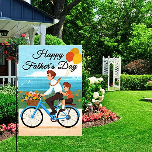 WODISON Happy Father's Day Garden Flag, Father Son Floral Bicycle Balloon 12 x 18 Inch Vertical Double Sided Burlap Welcome Flag, Outdoor Decoration For Yard Home Father's Day Gift ​(ONLY FLAG)