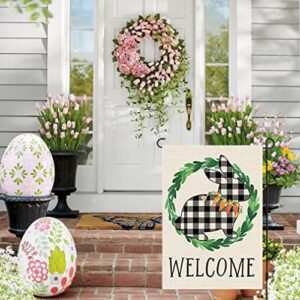 PANDICORN Easter Garden Flag 12x18 Inch Double Sided, Spring Easter Black Buffalo Plaid Check Bunny Decorations, Small Vertical Welcome Holiday Decor for Outdoor Yard Garden