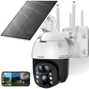 [100% wireless & solar powered ] 2-way audio solar security camera outdoor, wifi 360° ptz dome camera, 10000mah rechargeable battery wireless surveillance camera, pan tilt camera, color night vision