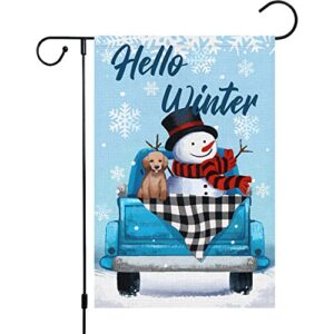 hello winter garden flag 12×18 double sided, burlap small vertical buffalo check plaid winter truck garden yard house flags with snowman dog for winter outside outdoor decoration (only flag)