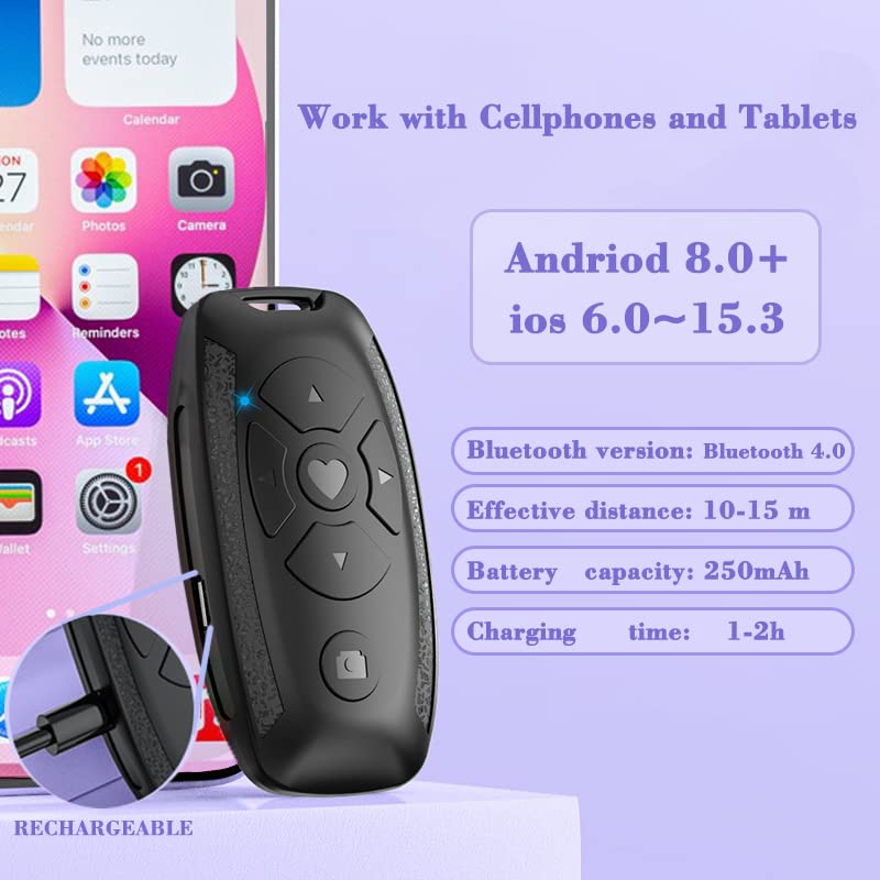 Bomilado Shutter Remote Control for iPhone Camera & TikTok Remote, Camera Wireless Remote Control for Android-Can Use to Scroll Videos for TikTok,Turn Pages and Adjust Volume-Compatible with Tablets