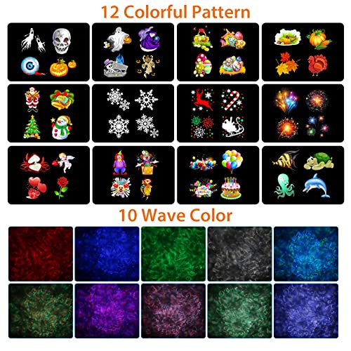 Halloween Christmas Projector Lights, Remote Control 2-in-1 Ocean Wave Snowflake LED Projector with 12 Slides 10 Colors, Waterproof Indoor Outdoor Lights for Holiday Party Garden Landscape Decorations