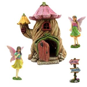 PRETMANNS Fairy Garden House Kit - Fairy Garden Accessories Outdoor - Fairy House & Fairies for Fairy Garden – Fairy Garden Supplies - Fairy Garden Kit for Adults - Garden Fairy House - 4 Items