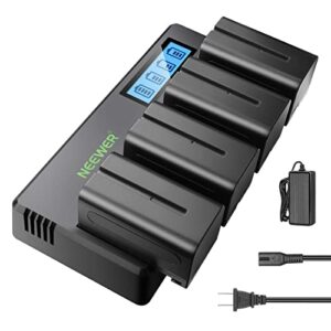 neewer 4 packs np-f750 replacement batteries 7.4v 5600mah with 4 channel battery charger & power adapter, compatible with np-f550/750/770/970 fm500h qm71d qm91d, field monitor, video light