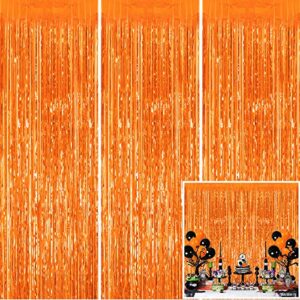 tifeson 3pcs thanksgiving orange fringe curtain party backdrop for halloween party decorations, fall thanksgiving decorations, birthday party decorations (3.2 x 8.3 ft)