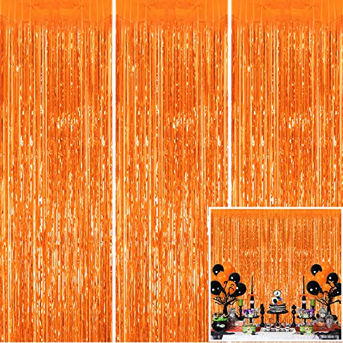 Tifeson 3PCS Thanksgiving Orange Fringe Curtain Party Backdrop for Halloween Party Decorations, Fall Thanksgiving Decorations, Birthday Party Decorations (3.2 x 8.3 ft)