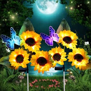 angmln solar sunflower lights outdoor decorative – 2 pack solar flowers lights outdoor garden waterproof with butterfly decor sunflower garden stake lights for yard patio lawn pathway