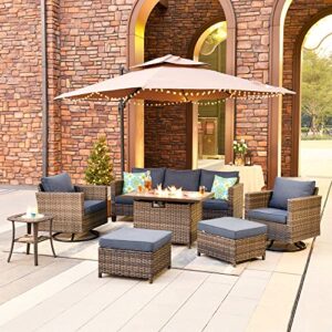 ovios patio furniture set 7 pcs outdoor wicker rattan sofa set with 360 degree swivel rocking chairs 42 inch rectangle gas fire pit table garden backyard porch (denim blue-grey)