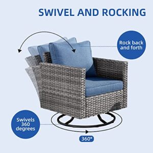 ovios Patio Furniture Set 7 PCS Outdoor Wicker Rattan Sofa Set with 360 Degree Swivel Rocking Chairs 42 Inch Rectangle Gas Fire Pit Table Garden Backyard Porch (Denim Blue-Grey)