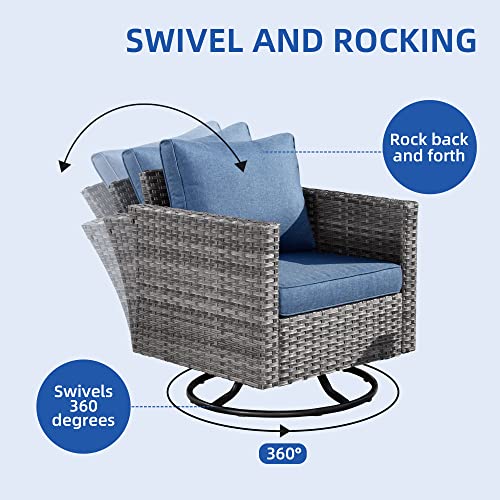 ovios Patio Furniture Set 7 PCS Outdoor Wicker Rattan Sofa Set with 360 Degree Swivel Rocking Chairs 42 Inch Rectangle Gas Fire Pit Table Garden Backyard Porch (Denim Blue-Grey)