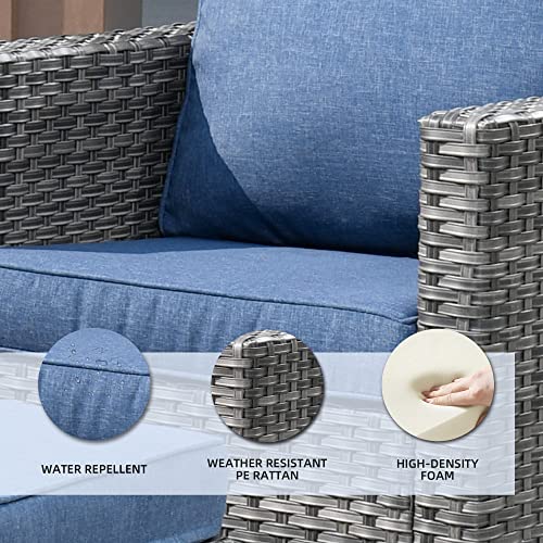 ovios Patio Furniture Set 7 PCS Outdoor Wicker Rattan Sofa Set with 360 Degree Swivel Rocking Chairs 42 Inch Rectangle Gas Fire Pit Table Garden Backyard Porch (Denim Blue-Grey)