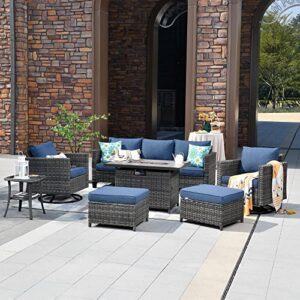 ovios Patio Furniture Set 7 PCS Outdoor Wicker Rattan Sofa Set with 360 Degree Swivel Rocking Chairs 42 Inch Rectangle Gas Fire Pit Table Garden Backyard Porch (Denim Blue-Grey)