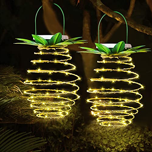 VTECHOLOGY 60LED Pineapple Solar Light,Waterproof Garden Solar Lantern with Handle,Hanging Solar Light for Patio Courtyard Party Walkway Terrace Garden Lawn Decor (2 Pack)