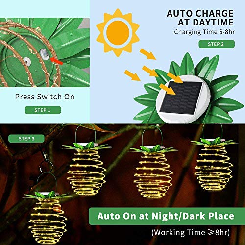 VTECHOLOGY 60LED Pineapple Solar Light,Waterproof Garden Solar Lantern with Handle,Hanging Solar Light for Patio Courtyard Party Walkway Terrace Garden Lawn Decor (2 Pack)