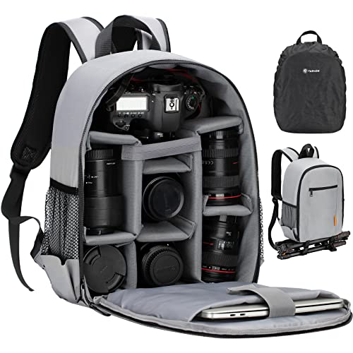 TARION Camera Bag Professional Camera Backpack Case with Laptop Compartment Waterproof Rain Cover for DSLR SLR Mirrorless Camera Lens Tripod Photography Backpack for Women Men Photographer Grey TB-S