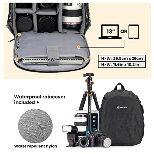 TARION Camera Bag Professional Camera Backpack Case with Laptop Compartment Waterproof Rain Cover for DSLR SLR Mirrorless Camera Lens Tripod Photography Backpack for Women Men Photographer Grey TB-S