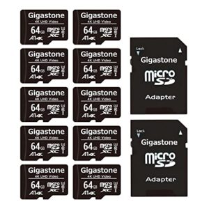 gigastone 64gb 10-pack micro sd card, 4k uhd video, surveillance security cam action camera drone professional, 90mb/s micro sdxc uhs-i a1 class 10