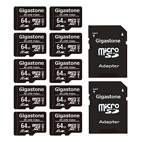 Gigastone 64GB 10-Pack Micro SD Card, 4K UHD Video, Surveillance Security Cam Action Camera Drone Professional, 90MB/s Micro SDXC UHS-I A1 Class 10